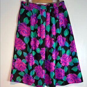 Vintage Clichy black/magenta floral full skirt POCKETS size 14
